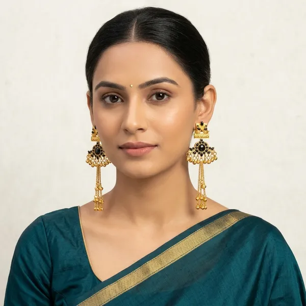 Gold_Toned_Black_Stone_Studded_Jhumka_Earrings_With_Tassels_For_Women
