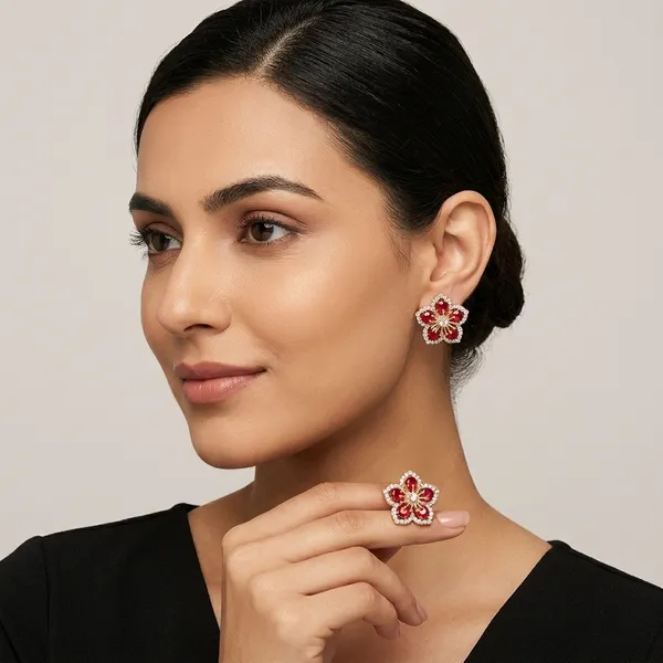 Red_Floral_Crystal_Stud_Earrings_For_Women