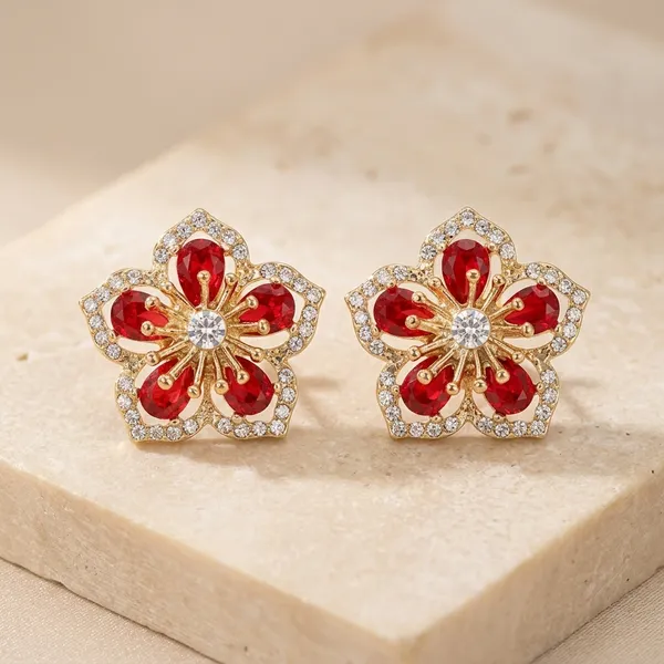Red_Floral_Crystal_Stud_Earrings_For_Women
