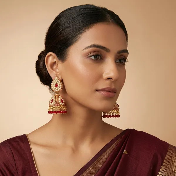 Gold_Toned_Red_Pearl_Studded_Jhumka_Earrings_For_Women