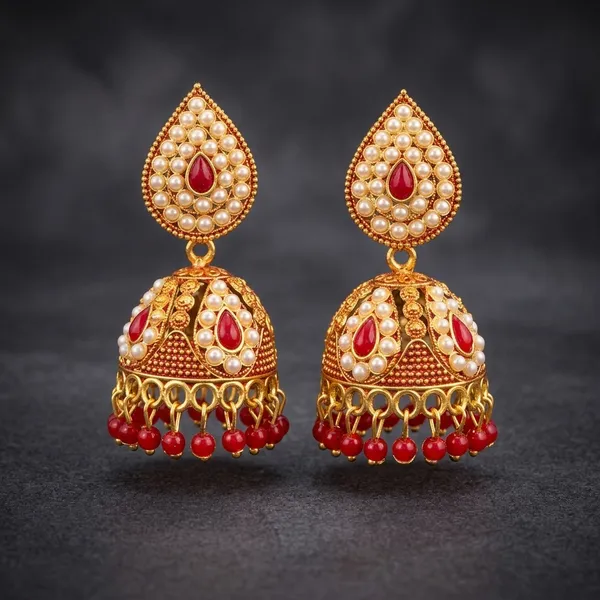 Gold_Toned_Red_Pearl_Studded_Jhumka_Earrings_For_Women