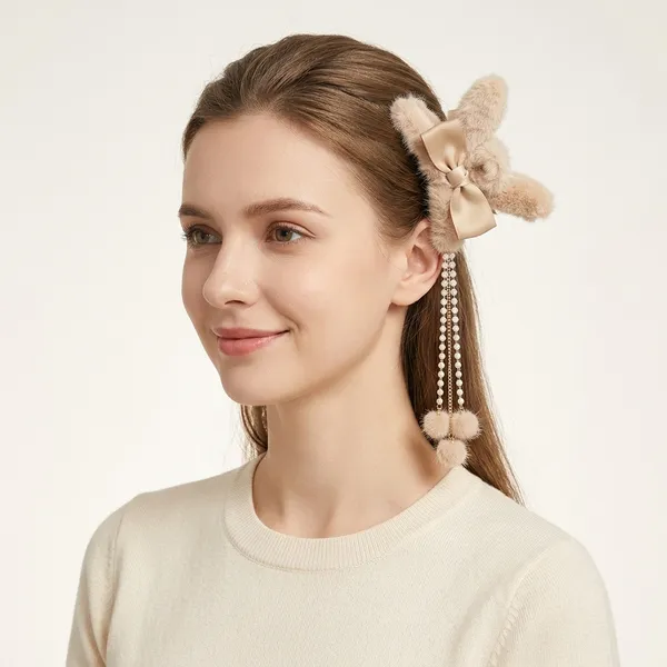 Beige_Satin_Bow_Fur_Pearl_Tassel_Hair_Clip_For_Women