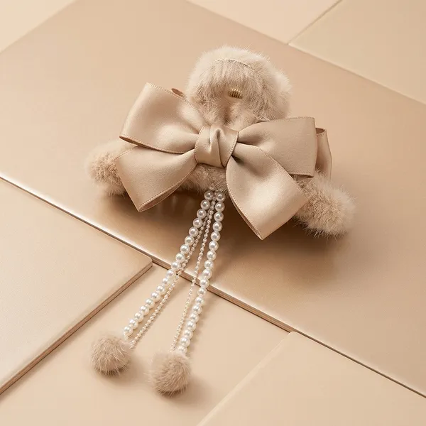 Beige_Satin_Bow_Fur_Pearl_Tassel_Hair_Clip_For_Women