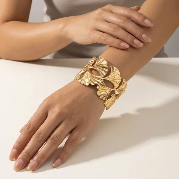 Gold_Toned_Ginkgo_Leaf_Design_Cuff_Bracelet_For_Women