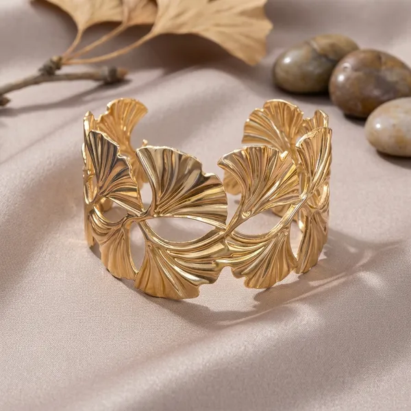 Gold_Toned_Ginkgo_Leaf_Design_Cuff_Bracelet_For_Women