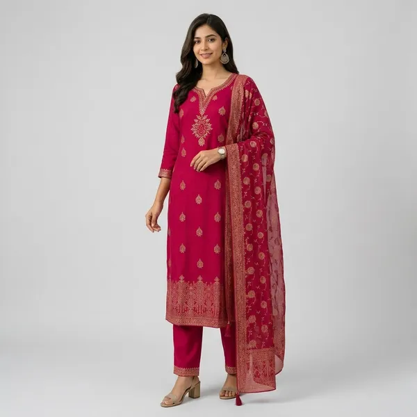 Silk_Embroidered_Ethnic_Kurti_Set_Red_And_Pink