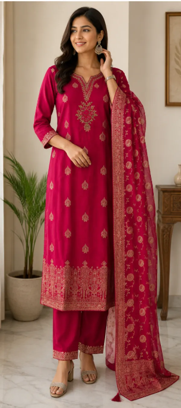 Silk_Embroidered_Ethnic_Kurti_Set_Red_And_Pink