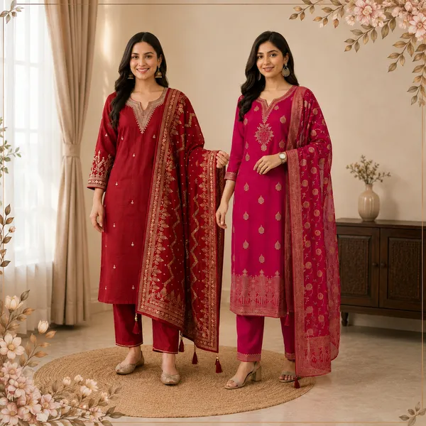 Silk_Embroidered_Ethnic_Kurti_Set_Red_And_Pink