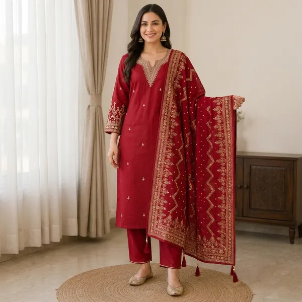 Silk_Embroidered_Ethnic_Kurti_Set_Red_And_Pink