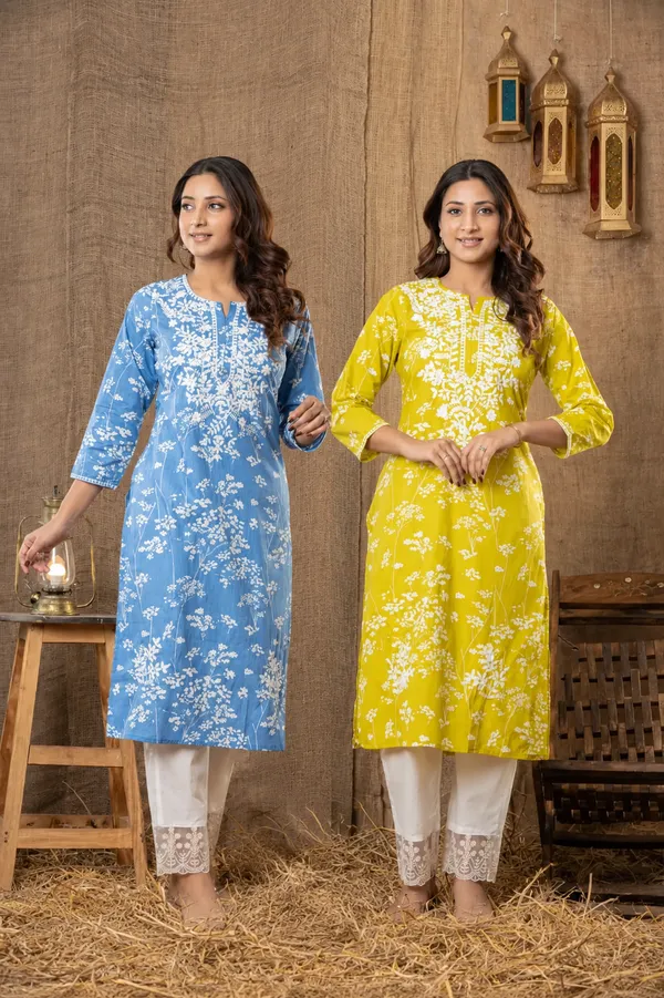 Cotton_Floral_Straight_Kurti_Set_Blue_And_Yellow