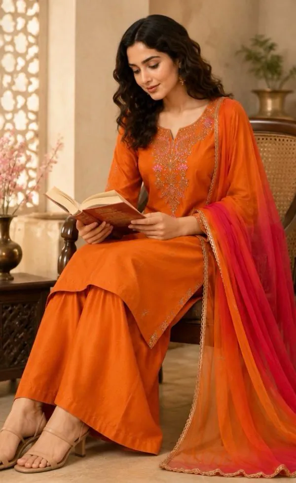 Orange_Silk_Embroidered_Sequin_Work_Ethnic_Kurti_Set_For_Women