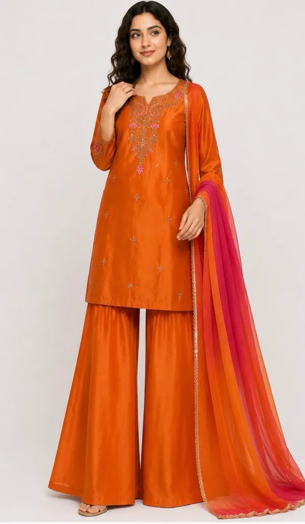Orange_Silk_Embroidered_Sequin_Work_Ethnic_Kurti_Set_For_Women