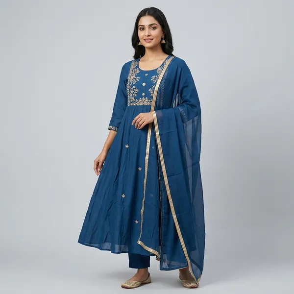Blue_Embroidered_Ethnic_Kurti_Set_For_Women