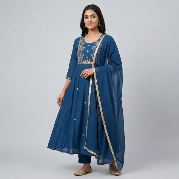 Blue_Embroidered_Ethnic_Kurti_Set_For_Women