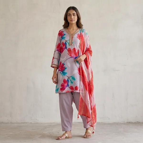Lavender_Floral_Print_Embellished_Kurti_Set_For_Women