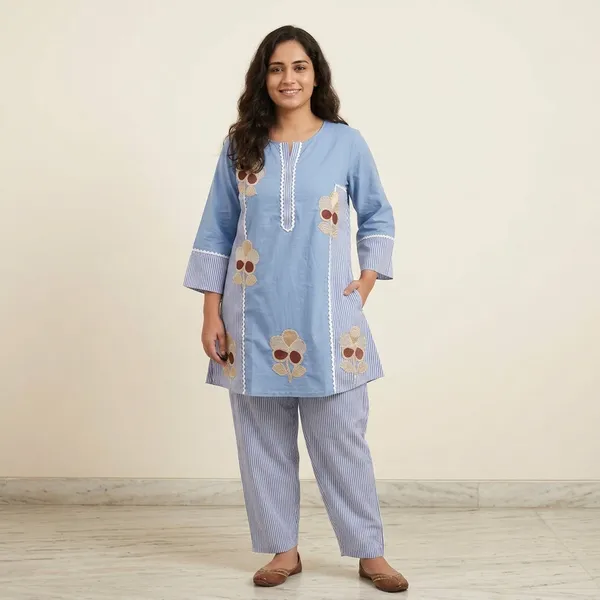 Blue_Cotton_Floral_Embroidered_Full_Sleeve_Kurti_Set_For_Women
