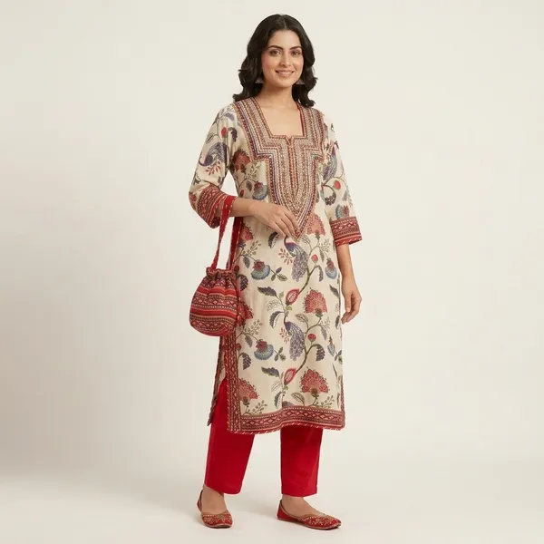 Cream_Cotton_Floral_Print_Embroidered_Ethnic_Kurti_For_Women