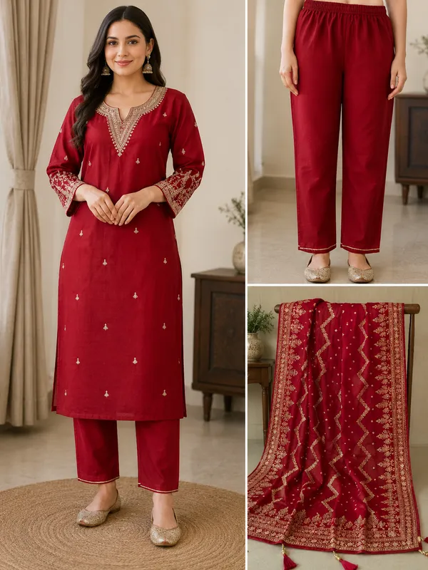 Red_Silk_Embroidered_Zari_Border_Kurti_Set