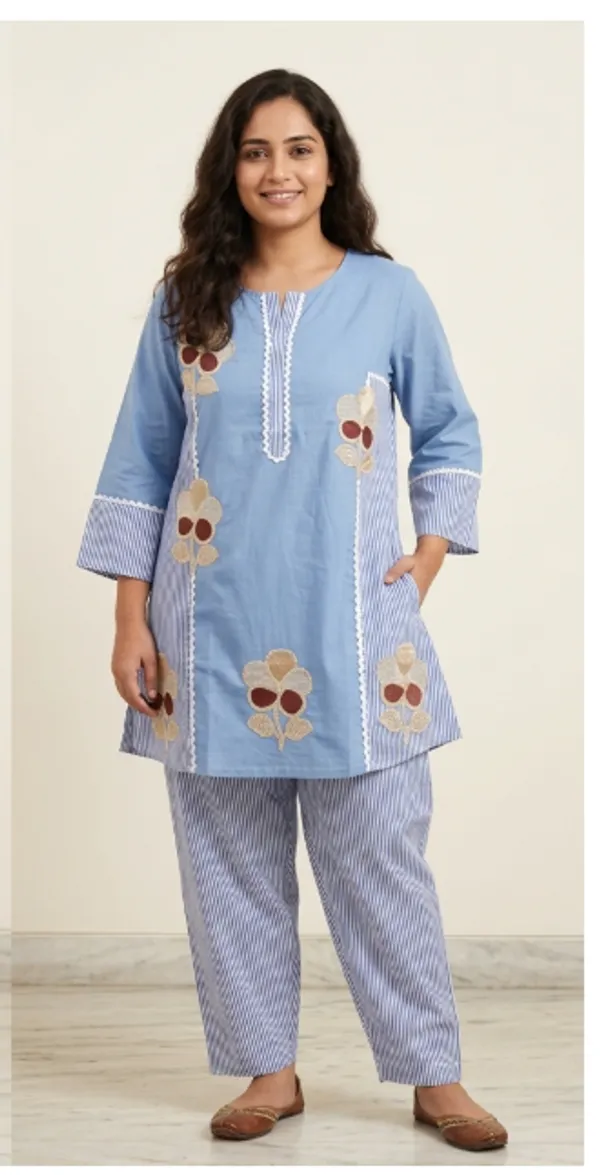 Blue_Cotton_Floral_Embroidered_Full_Sleeve_Kurti_Set_For_Women