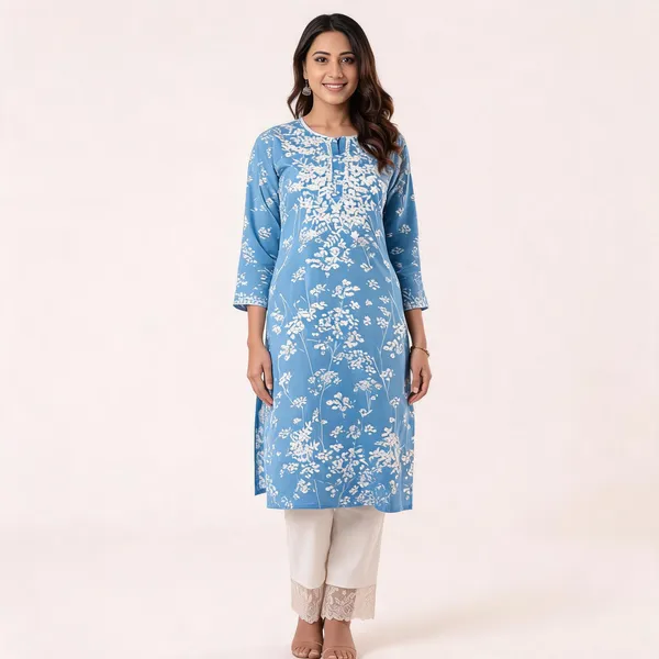 Cotton_Floral_Straight_Kurti_Set_Blue_And_Yellow