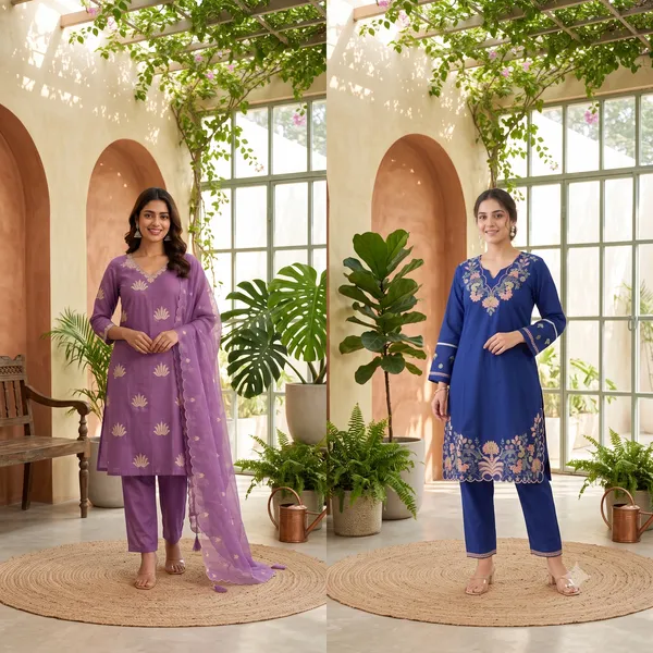 Embroidered_Ethnic_Kurti_Set_Navy_Blue_And_Purple
