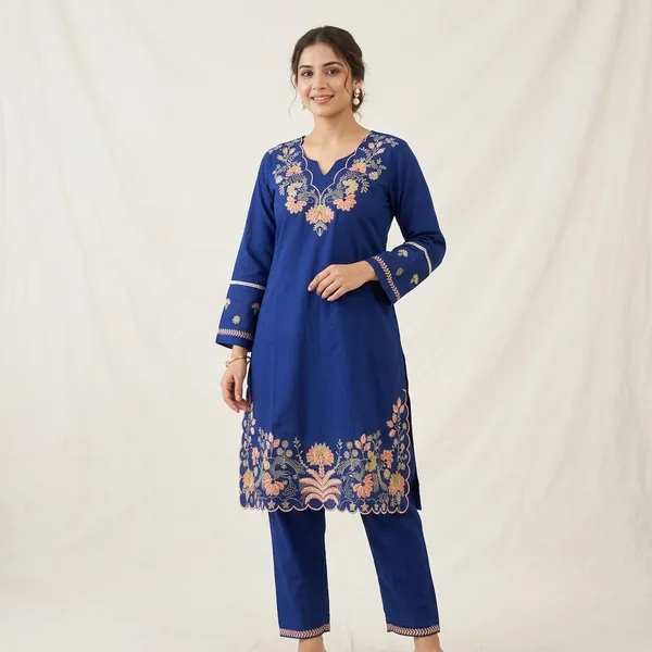 Embroidered_Ethnic_Kurti_Set_Navy_Blue_And_Purple