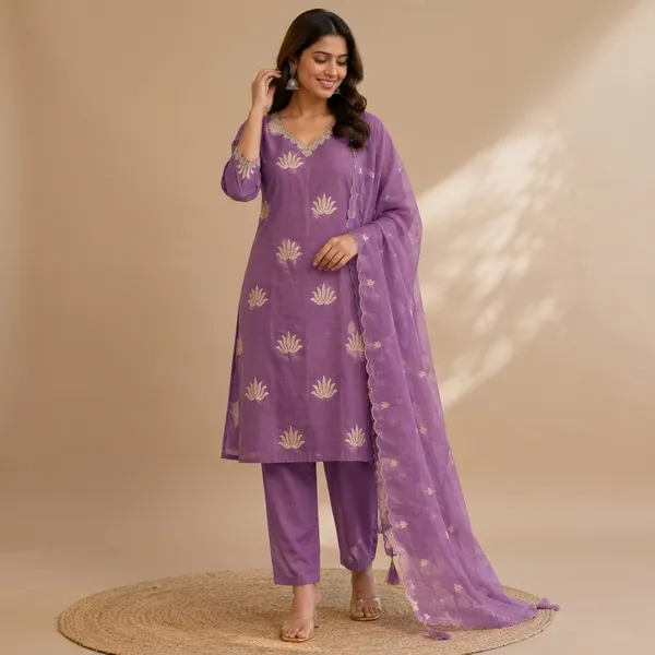 Embroidered_Ethnic_Kurti_Set_Navy_Blue_And_Purple