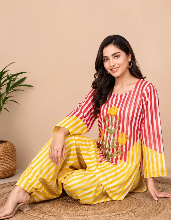 Red_And_Yellow_Striped_Embroidered_Cotton_Kurta_For_Women