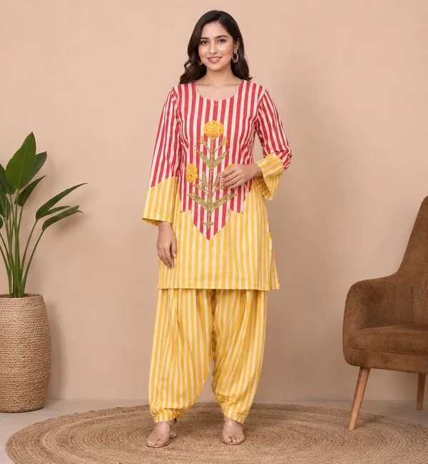 Red_And_Yellow_Striped_Embroidered_Cotton_Kurta_For_Women
