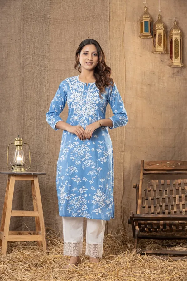Blue_Cotton_Floral_Embroidered_Straight_Kurti_Set_For_Women