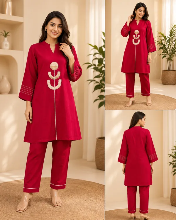 Red_And_Pink_Embroidered_Ethnic_Kurti_Set_Cotton_And_Mandarin