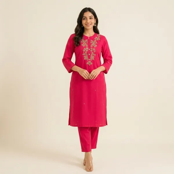Red_And_Pink_Embroidered_Ethnic_Kurti_Set_Cotton_And_Mandarin