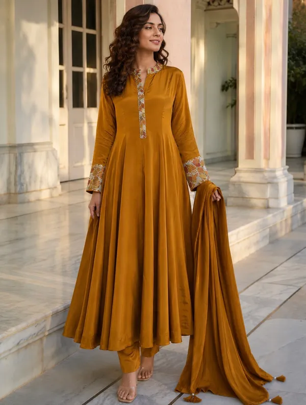 Mustard_Yellow_Embroidered_Sleeve_Ethnic_Kurta_For_Women