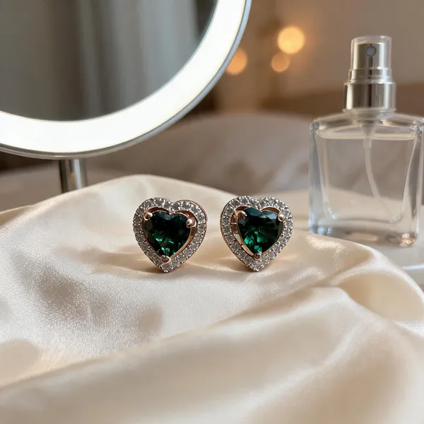 Silvering_Emerald_Heart_Halo_Pendant_&_Earing_Set_:_Authentic_925_Sterling_Silver_•_22_Carat_Gold_Plated_•_5A_Elite_CZ_•_Diamond_Setting