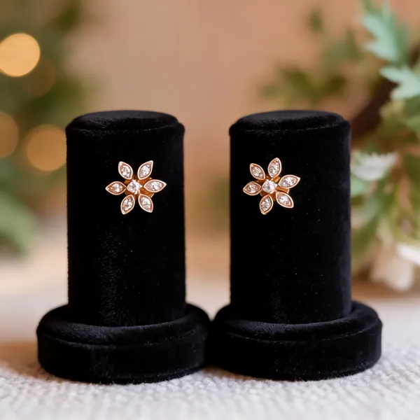 Silvering_Daisy_Bloom_Studs_:__Authentic_925_Sterling_Silver_•_22_Carat_Gold_Plated_•_5A_Elite_CZ_•_Diamond_Setting