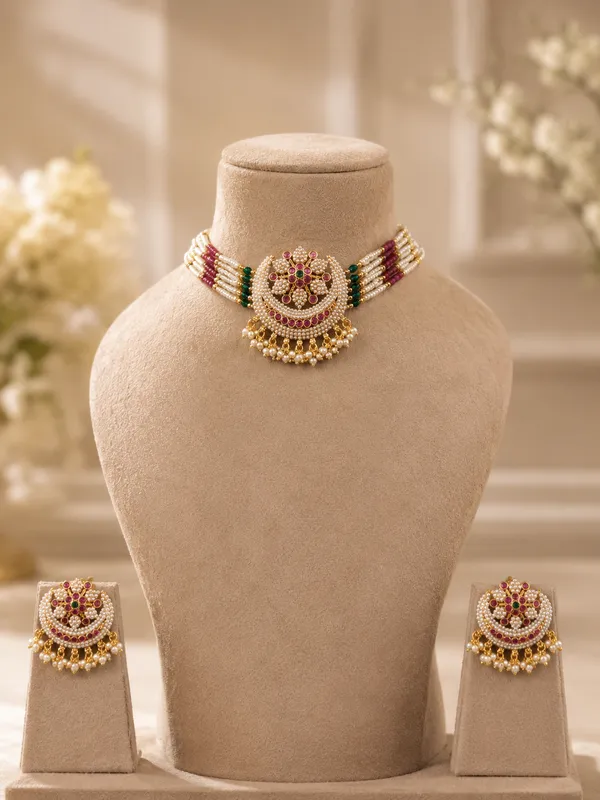 White_Premium_Base_Metal_Brass_choker_set_For_Women