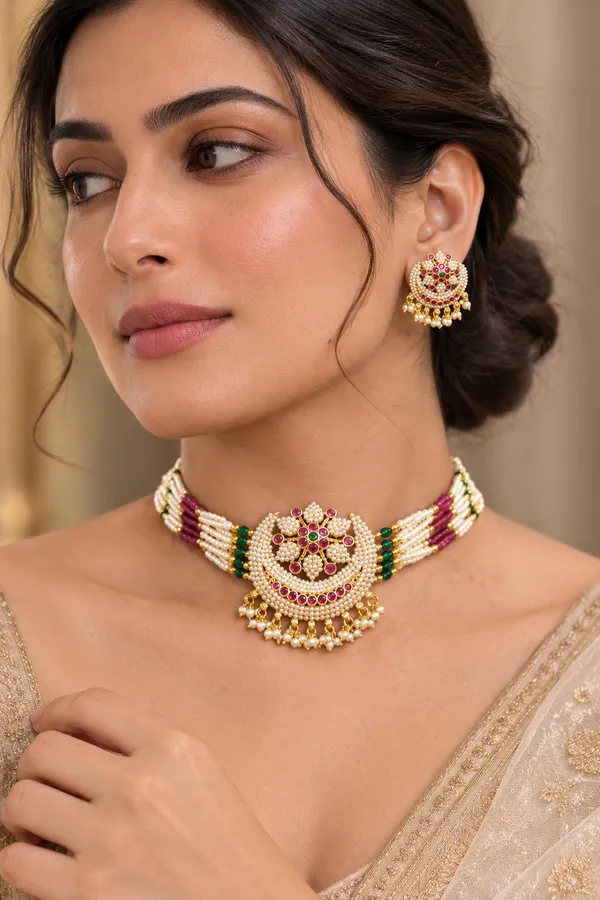 White_Premium_Base_Metal_Brass_choker_set_For_Women