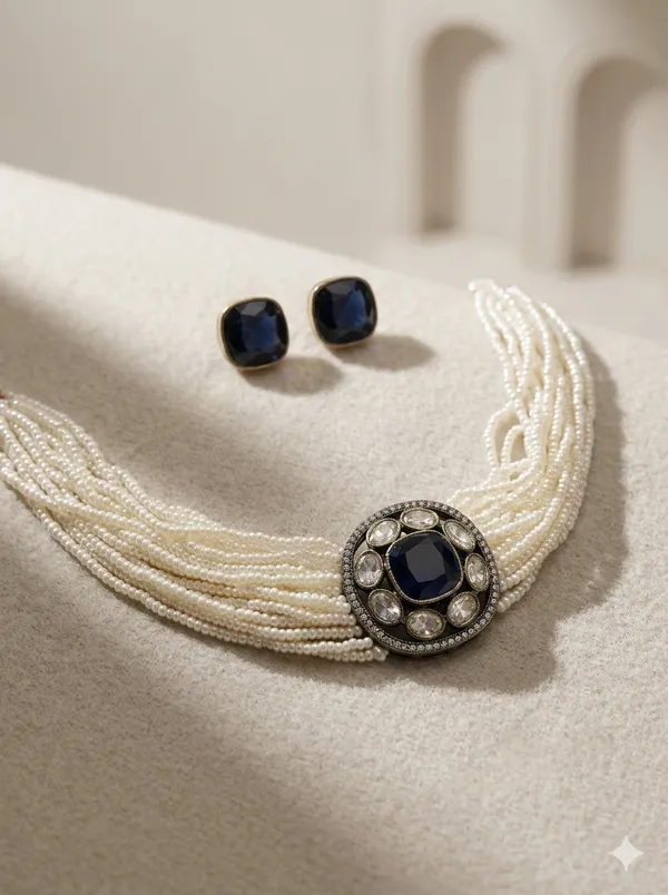 White_And_Blue_Premium_Brass_Necklace_Set_For_Women