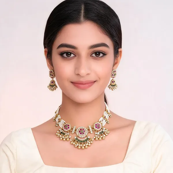 Gold_Premium_Base_Metal_Brass_Choker_Necklace_Set_For_Women