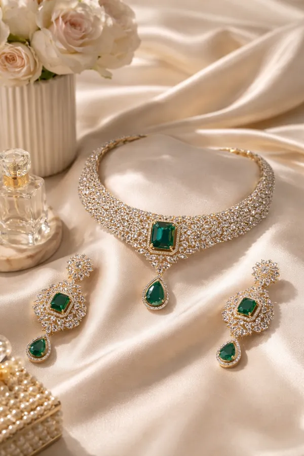 White_And_Green_Premium_Brass_Necklace_Set_For_Women