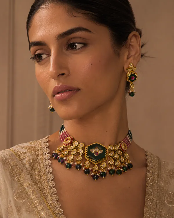 Gold_Premium_Base_Metal_Brass_Bridal_Necklace_Set_For_Women