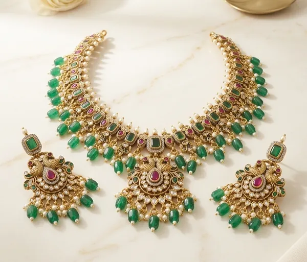 Green_And_Gold_Premium_Brass_Necklace_Set_For_Women