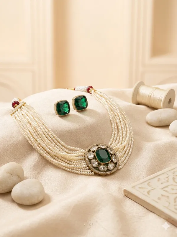 White_And_Green_Premium_Brass_Necklace_Set_For_Women