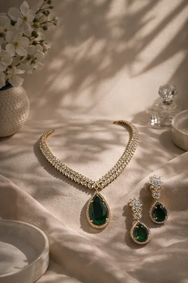 White_And_Green_Premium_Brass_Necklace_Set_For_Women