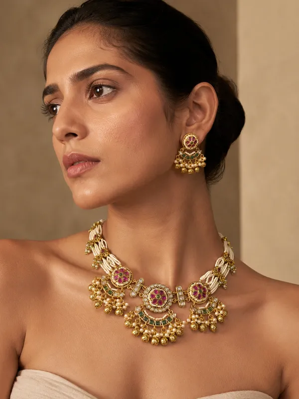 Gold_Premium_Base_Metal_Brass_Choker_Necklace_Set_For_Women