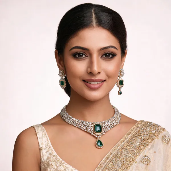 White_And_Green_Premium_Brass_Necklace_Set_For_Women