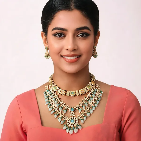 Green_And_Gold_Premium_Brass_Necklace_Set_For_Women