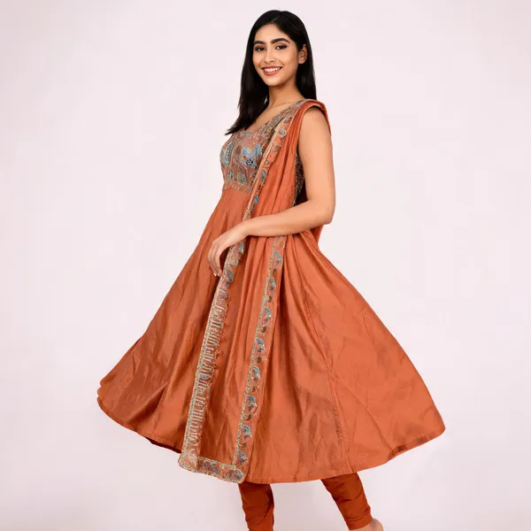 Rust_Orange_Vichitra_Silk_Embroidered_Anarkali_Set_For_Women
