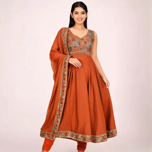 Rust_Orange_Vichitra_Silk_Embroidered_Anarkali_Set_For_Women