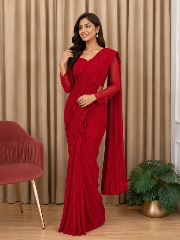 Red_Faux_Georgette_Sequin_Embroidered_Saree_For_Women